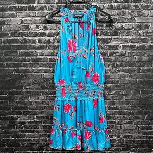 BCBGMAXAZRIA teal halter dress featuring a pink floral design!